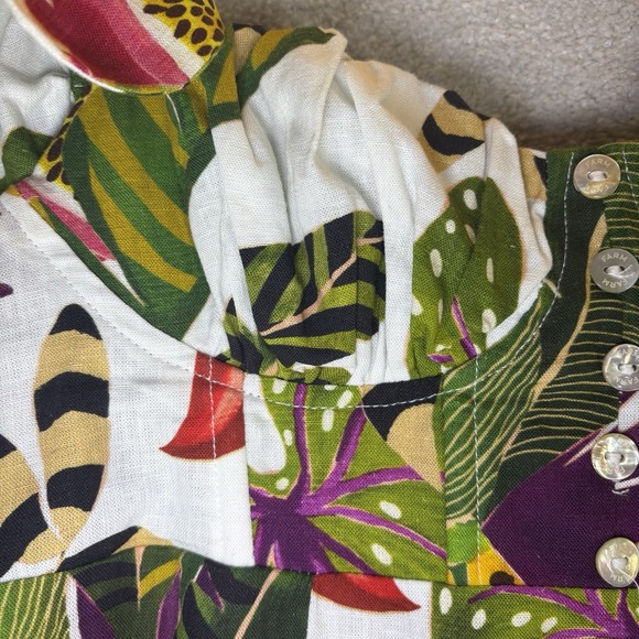 Farm Rio Linen Mini Dress Forest Stripe Tropical Print Ivory Ruffle Strap Sz XXS - Picture 8 of 12